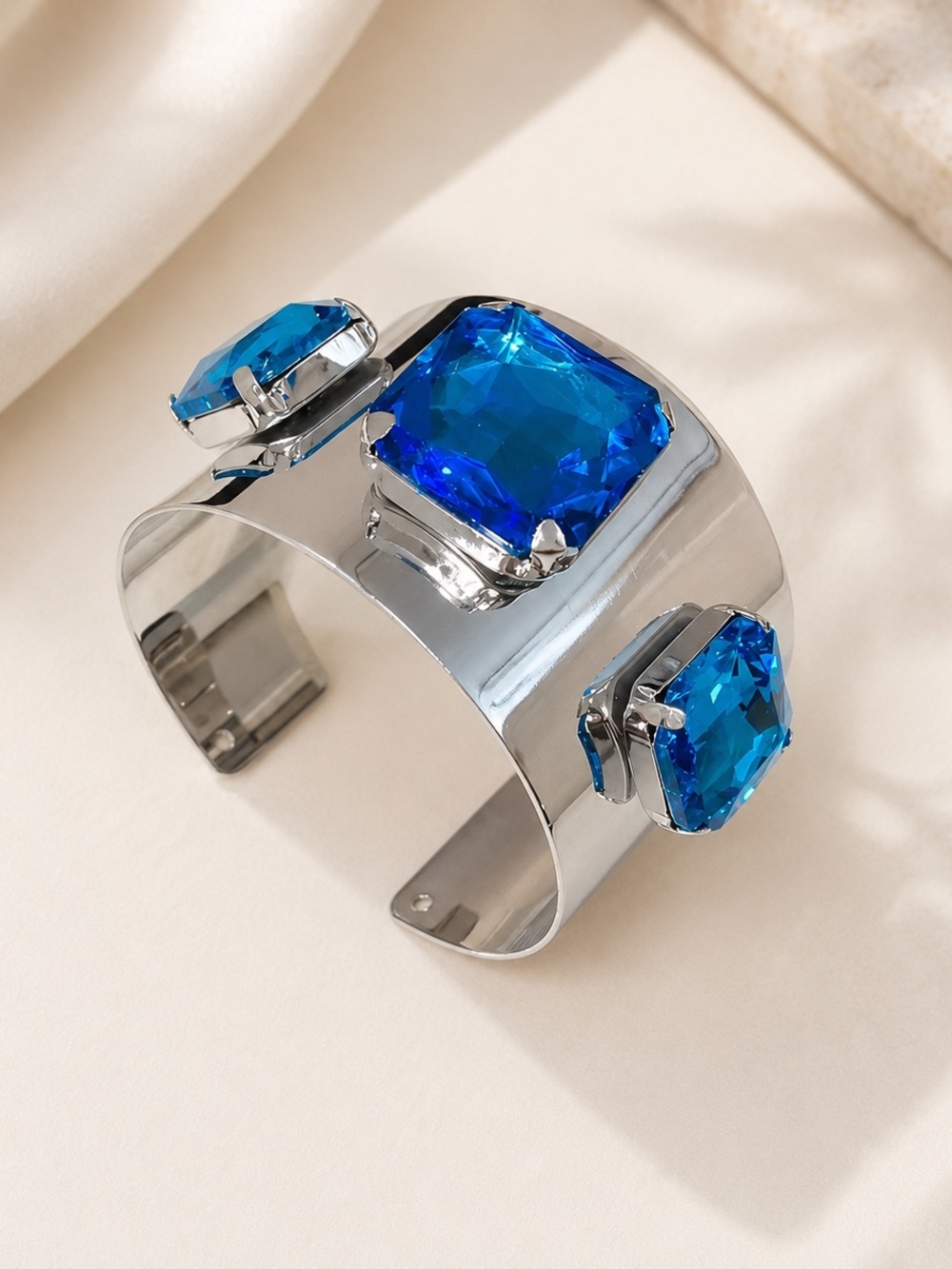 Bold Blue Crystal Cuff Bracelet | Silver Tone Statement Jewelry